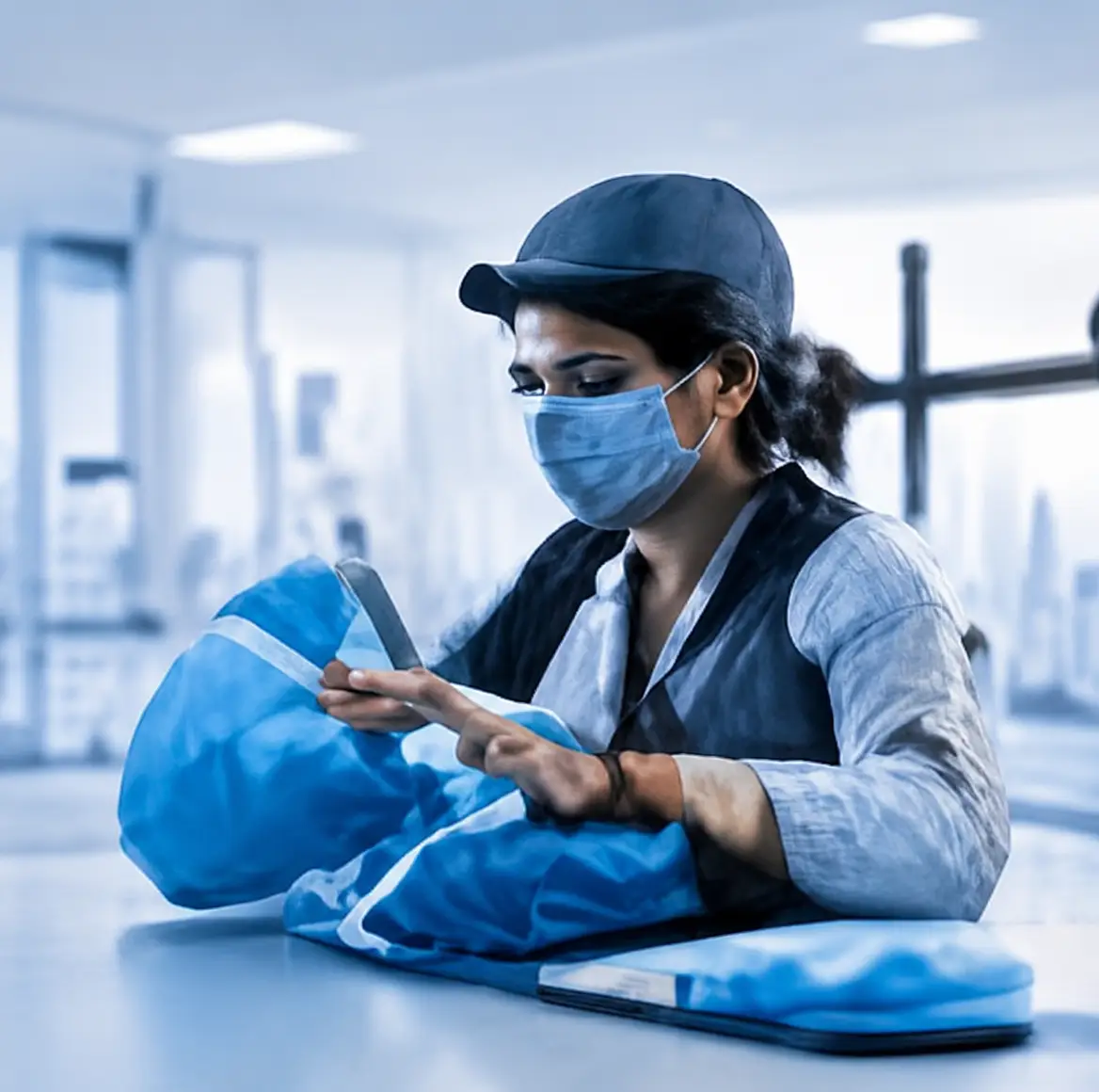 Focused delivery worker in modern space