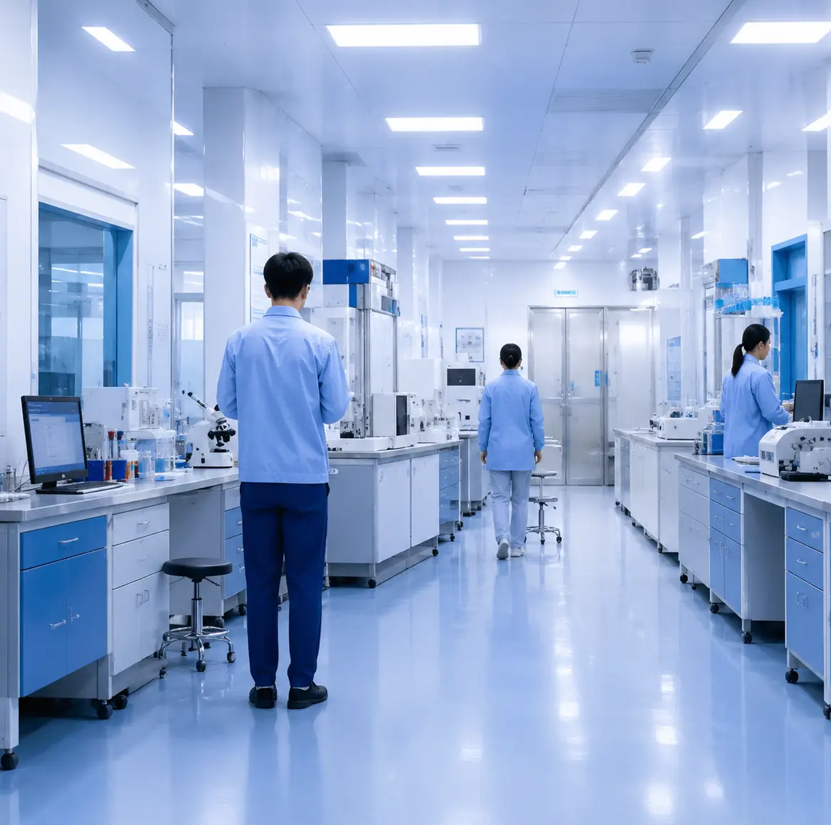 Modern laboratory workspaces in bright corridor