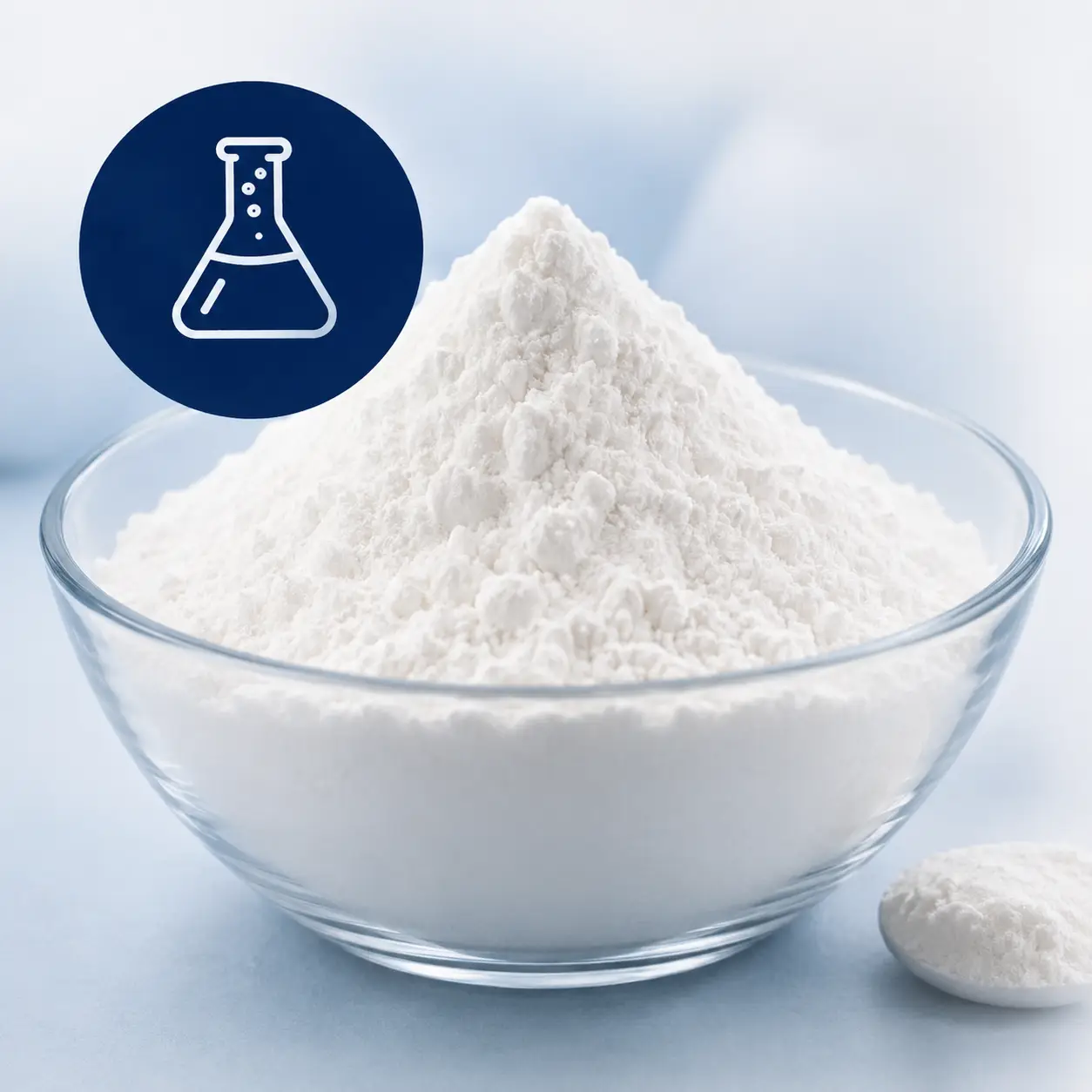 White powder in clear glass bowl